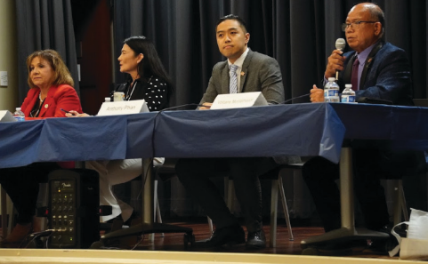 Carmen Montano, Hon Lien, Anthony Phan, and Voltaire Montemayor at the mayoral fo- rum taken place inside of Milpitas Library. (Each candidate is ordered from left to right.)